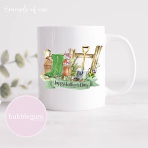 May include: White ceramic mug with a watercolor illustration of gardening tools, including a pair of green boots, a shovel, and a wheelbarrow. The text "Happy Father's Day" is printed on a green banner.