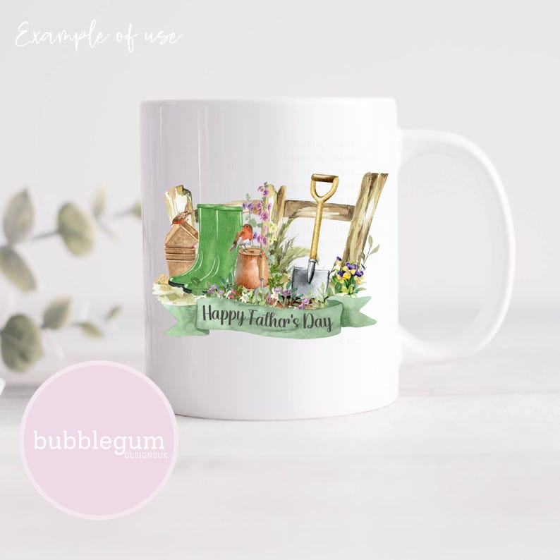 May include: White ceramic mug with a watercolor illustration of gardening tools, including a pair of green boots, a shovel, and a wheelbarrow. The text "Happy Father's Day" is printed on a green banner.
