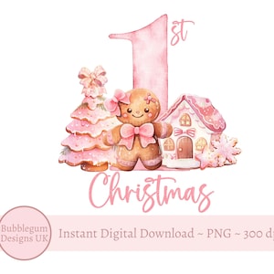 1st Christmas Gingerbread Girl PNG, Różowe Boże Narodzenie, Projekt worka Świętego Mikołaja, Piżamy Wigilijne, Sublimacja bombek, Natychmiastowe pobieranie cyfrowe