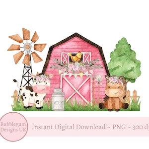 Fienile rosa in formato PNG, design a sublimazione di animali da fattoria, design di magliette con tema fattoria, design di biglietti di auguri di compleanno, mucca, cavallo, download digitale istantaneo
