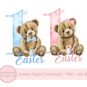 Set of 2 - 1st Easter Blue & Pink Teddy Bear Sublimation Designs, Pink Blue Bear, My 1st Easter, Easter Bear, PNG, Instant Digital Download