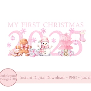 Rosa mein erstes Weihnachten 2025 PNG, Babys 1. Weihnachtssack Sublimationsdesign, Heiligabend Box, Baby-Andenken, sofortiger digitaler Download
