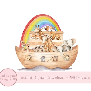 Noahs Arche & Regenbogen PNG, Noahs Arche Sublimationsdesign, Taufe, Taufe, Namenstag Kartendesign, Tiere Arche, sofortiger digitaler Download