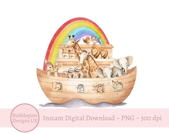 Noah's Ark & Rainbow PNG, Noah's Ark Sublimation Design, Baptism, Christening, Naming Day Card Design, Animals Ark, Instant Digital Download