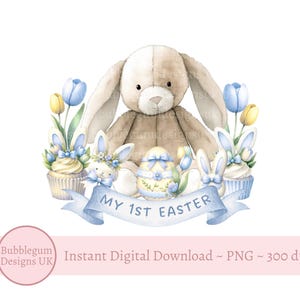 Blue My 1st Easter Lop Ear Bunny & Treats Sublimation Design, PNG, Easter Bunny, Boy's 1st Easter, Bunny Rabbit, Instant Digital Download