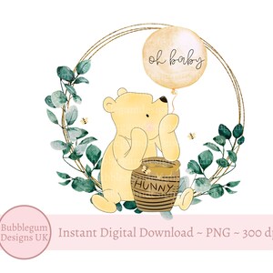 Classico Winnie The Pooh Oh Baby Eucalyptus Wreath PNG, Winnie The Pooh Baby Shower Sublimazione, Pooh Honey Pot, Download digitale istantaneo