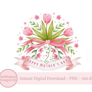Happy Mother's Day roze bloemenboeket PNG, Moederdagkaart ontwerp, Moederdag sublimatieontwerp, moeder, tulpen, instant digitale download