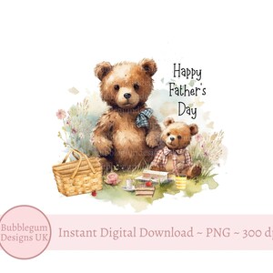 Heureuse fête des pères PNG, pique-nique ours en peluche, papa ours, bébé ours, sublimation fête des pères, téléchargement immédiat