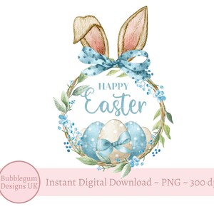 Corona di orecchie da coniglio floreali di Pasqua felice blu PNG, Clipart di Pasqua, Corona di Pasqua, Design di sublimazione di Pasqua, Download digitale istantaneo