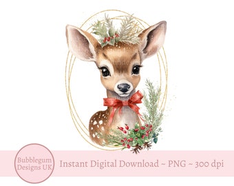 Christmas Deer Wreath PNG,  Reindeer Sublimation Design, Christmas Card Design, Winter Woodland Deer,  Reindeer, Instant Digital Download