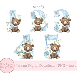Ours des bois bleu numéros 1 à 5 ans sublimation dessins, PNG, Clipart ours, bébé ours, Design animal de la forêt, téléchargement immédiat