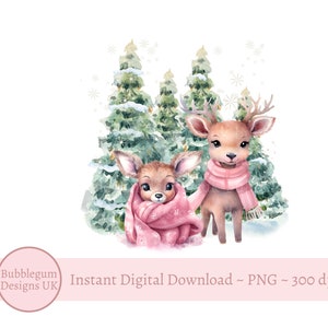 ピンクのクリスマス鹿PNG、クリスマスの赤ちゃん鹿、クリスマスホリデー昇華、ピンクのスカーフを巻いたかわいい鹿、トナカイ、インスタントデジタルダウンロード