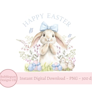 Happy Easter Blue Bow Bunny & Easter Eggs Sublimation Design, PNG, Easter Bunny, 1st Easter, Bunny Rabbit, Instant Digital Download