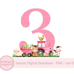 3e anniversaire PNG des animaux de la ferme tracteur rose, sublimation des animaux de la ferme, conception de t shirt anniversaire, vache, agneau, cochon téléchargement numérique instantané