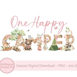 One Happy Camper Pink Sublimation Design, PNG, Woodland 1st Birthday, First Birthday Forest Design, 1 Happy Camper, Instant Digital Download