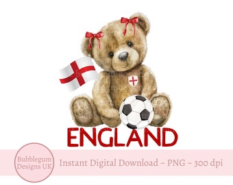 England Football Girl Teddy Bear PNG, England Football Sublimation Design, England Flag, Football T-Shirt Design, Instant Digital Download