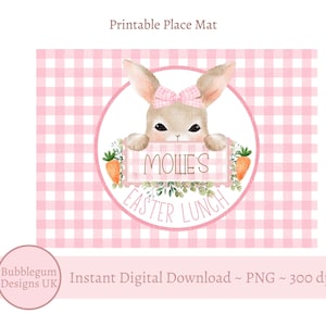 Rosa Osterhase druckbares Tischset JPG, niedliches Ostern-Design, Kinder-Ostern-Tischset Design, personalisiertes Tischset, sofortiger digitaler Download