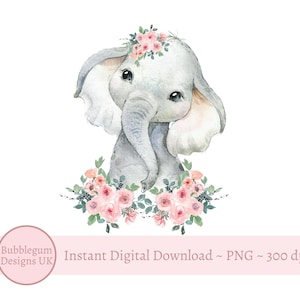 Babyolifant roze bloemen PNG, aquarel olifant, sublimatieontwerp, afbeelding verjaardagskaart, instant digitale download,