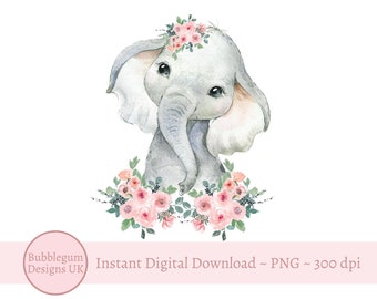 Baby Elephant Pink Floral PNG, Watercolor Elephant, Sublimation Design, Birthday Card image , Instant Digital Download,