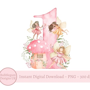 Fée rose champignon vénéneux numéro 1 PNG, Design en sublimation fées, décoration de fête d'anniversaire fée, fête de fée, téléchargement immédiat