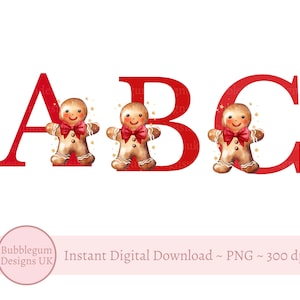 Alfabeto de pan de jengibre rojo de Navidad PNG, alfabeto de pan de jengibre de 26 letras individuales Clipart, alfabeto navideño, descarga digital instantánea