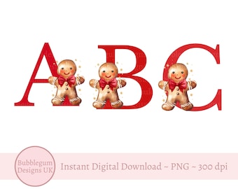 Alfabeto navideño de jengibre rojo PNG, Alfabeto de jengibre de 26 letras individuales, Alfabeto navideño, Descarga digital instantánea