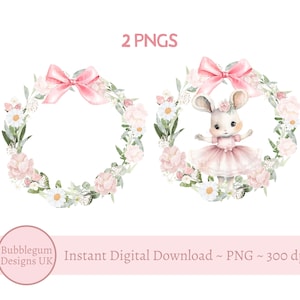 2er-Set Rosa Ballerina-Häschen-Kranz & rosa Schleife-Blumenkranz PNG, Geburtstags-Häschen-Sublimationsdesign, rosa Häschen, sofortiger digitaler Download