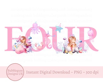 Mermaid PNG, Mermaid 4th Birthday Sublimation Design, Under the Sea PNG, Mermaid Digital Design, Mermaid Birthday, Instant Digital Download