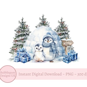 Pinguins de Natal Azuis PNG, Design de Sublimação de Iglu de Pinguim, Design de Cartão de Natal, Design de Saco de Natal, Download Digital Instantâneo