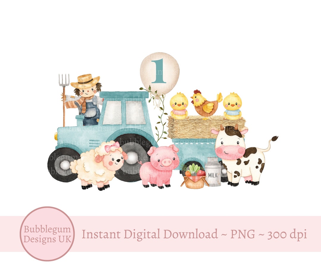 Blue Farm Tractor 1st Birthday PNG, Farm Animals Sublimation Design