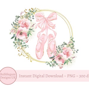 Scarpe da ballo rosa con design a sublimazione con ghirlanda floreale, scarpe da ballo PNG, immagine biglietto di auguri per ragazze, download digitale istantaneo,