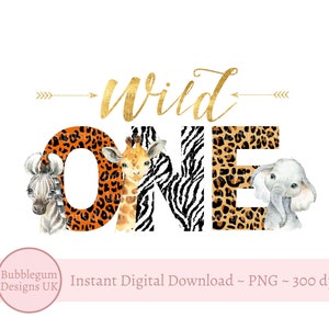Wild One Baby Safari Animals PNG, Aquarela Bebês Animais, Design de Sublimação de Camiseta, Design de Cartão de Aniversário, Download Digital Instantâneo