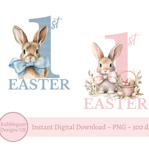 2er-Set Meine ersten Osterhasen-Designs, PNG, blaues und rosa Häschen, Babys erstes Oster-T-Shirt-Design, Ostern-Strampler, sofortiger digitaler Download