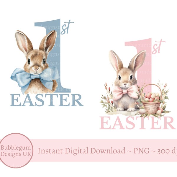 Set of 2 My 1st Easter Bunny Designs, PNG, Blue & Pink Bunny, Baby's First Easter T Shirt Design, Easter Onesie, Instant Digital Download