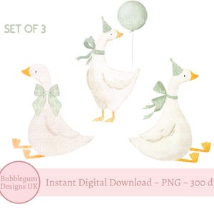 May include: Watercolor illustration of three white geese with yellow beaks and feet. Each goose has a light green bow or party hat. One goose holds a green balloon. The text "SET OF 3" is at the top. The bottom text says "Instant Digital Download - PNG - 300 dpi".