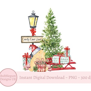 Winnie The Pooh Candy Cane Lane PNG, Sublimación del oso Pooh de Navidad, Diseño de tarjetas de Navidad, Diseño de saco de Santa, Descarga digital instantánea
