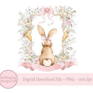 Könnte beinhalten: Aquarell-Illustration eines Häschens mit rosa Schleife, von hinten, in einem floralen Rahmen mit Karotten. Unten befindet sich ein rosa Banner. Das Bild enthält den Text "Digital Download File ~ PNG ~ 300 dpi" und ein Logo.