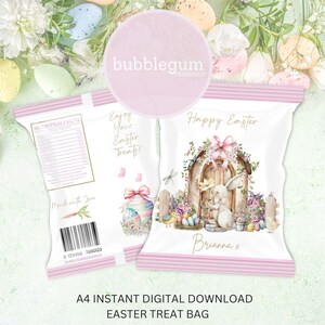 Pacote de guloseimas de Páscoa Pink Woodland Bunny, JPG A4 para impressão, Saco de guloseimas de Páscoa, Feliz Páscoa, Pacote de salgadinhos, Saco de salgadinhos, Download digital instantâneo