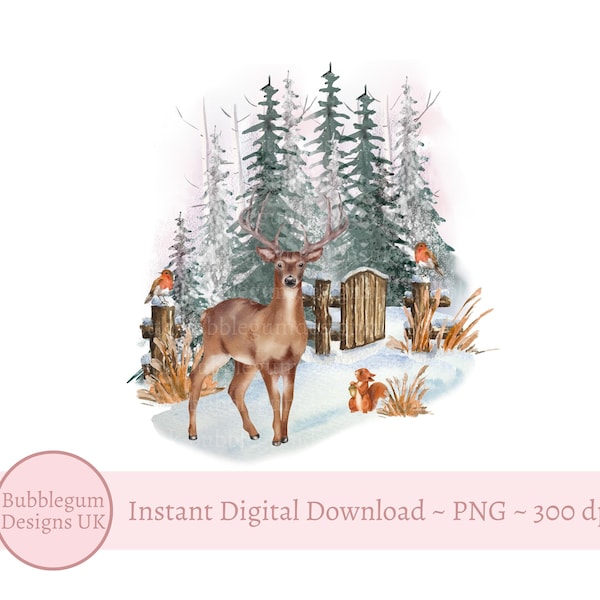 Woodland Friends PNG ~ Woodland Stag Deer Robin Squirrel Design, Christmas Sublimation Design,  Card Design, Instant Digital Download