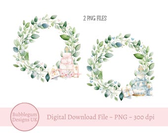 Set of 2 Pink & Blue Baptism Christening Wreaths PNG, Christening Sublimation Design, Christian, Baptism, Instant Digital Download
