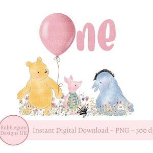 Winnie The Pooh 1° compleanno PNG, Pooh compleanno design sublimazione, rosa primo compleanno, Pooh, Pimpi, Eeyore, download digitale istantaneo