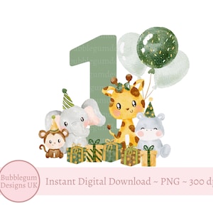 Animales de safari para primer cumpleaños de bebé, PNG, Animales bebés en acuarela, Diseño de sublimación de la selva, Diseño de tarjeta de cumpleaños, Descarga digital instantánea