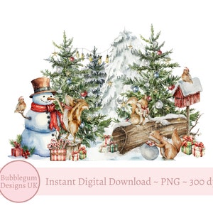 Écureuils des bois de Noël et bonhomme de neige PNG, Design en sublimation animaux de la forêt d'hiver, 1er design de carte de Noël, téléchargement immédiat