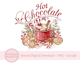 Hot Chocolate Red Mug & Gingerbread PNG, Christmas Sublimation Design, Hot Chocolate Mug, Baby It's Cold Outside, Instant Digital Download