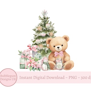 Rosa Teddy und Weihnachtsbaum PNG, Weihnachtsbär Sublimationsdesign, Weihnachtskartendesign, Weihnachtssack Design, sofortiger digitaler Download