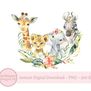 Coroa de flores Bebês Animais Safari PNG, Aquarela Bebês Animais, Design de Sublimação de Camiseta Safari, Aniversário Safari, Download Digital Instantâneo