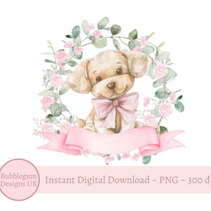 Filhote de cachorro fofo em guirlanda de rosas rosa PNG, design de sublimação de laço rosa para filhote de cachorro em aquarela, design de festa para filhotes de cachorro para meninas, cachorro, download digital instantâneo