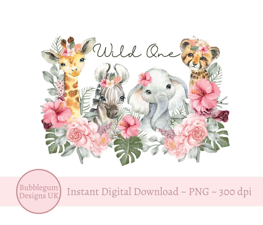 Girls Wild One Baby Safari Animals PNG, Watercolor Baby Animals,t Shirt ...