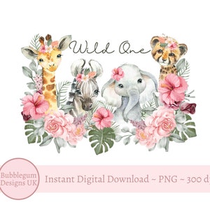 Meninas Selvagens Um Bebê Safari Animais PNG, Aquarela Bebês Animais, Design de Sublimação de Camiseta, Aniversário Safari Rosa, Download Digital Instantâneo
