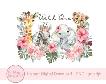 Girls Wild One Baby Safari Animals PNG, Watercolor Baby Animals,T Shirt Sublimation Design, Pink Safari Birthday, Instant Digital Download